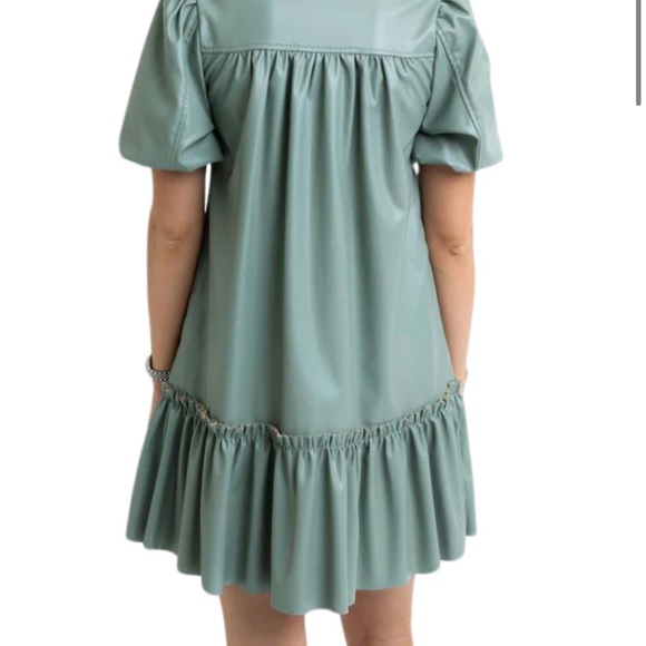 Faux Leather Puff Sleeved Snap Button Front Flare Hem Mini Dress Sage L/14/16 - Picture 3 of 6